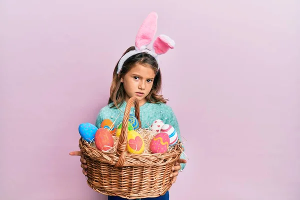 Little Beautiful Girl Wearing Cute Easter Bunny Ears Holding Wicker — Stock Photo, Image