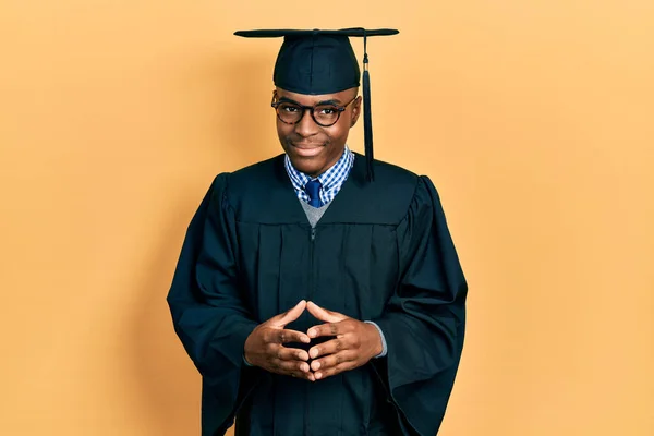 Young African American Man Wearing Graduation Cap Ceremony Robe Hands — Stock Photo, Image