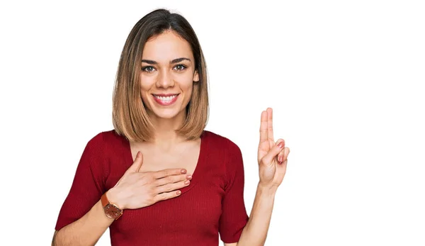 Young Blonde Girl Wearing Casual Clothes Smiling Swearing Hand Chest — Stock Photo, Image