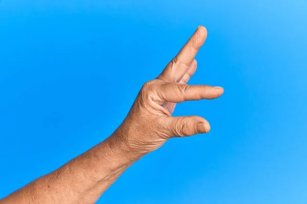 Mano Dell Uomo Ispanico Anziano Sfondo Blu Isolato Raccogliendo Prendendo — Foto Stock