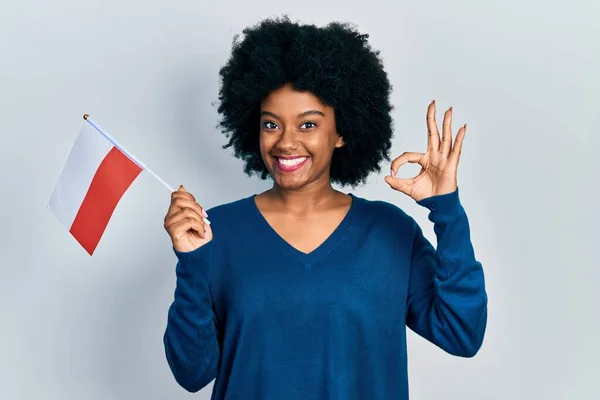 Jeune Femme Afro Américaine Tenant Drapeau Poland Faisant Signe Avec — Photo