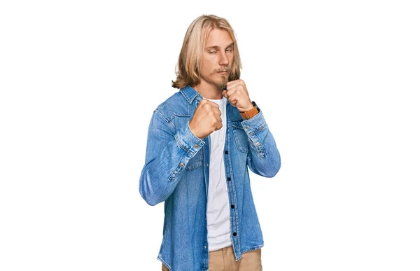 Caucasian Man Blond Long Hair Wearing Casual Denim Jacket Ready — Stock Photo, Image