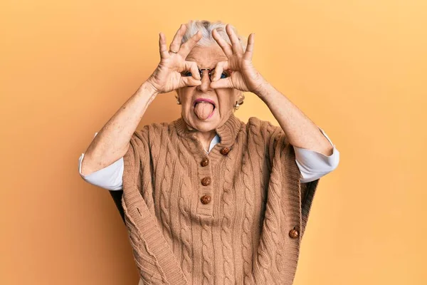 Senior Grey Haired Woman Wearing Casual Clothes Glasses Doing Gesture — Stock Photo, Image