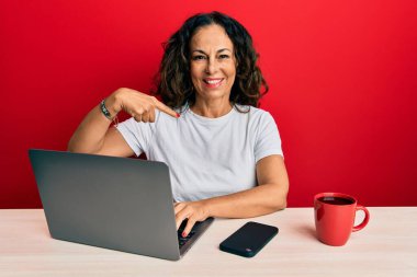 Ofiste çalışan orta yaşlı güzel bir kadın bilgisayarını kullanarak mutlu ve gururlu gülümseyen birini işaret ediyor. 