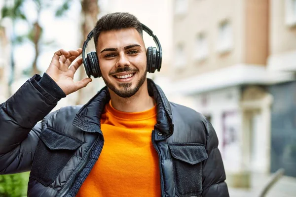 Handsome Hispanic Man Beard Smiling Happy Confident City Wearing Winter — Stock Photo, Image