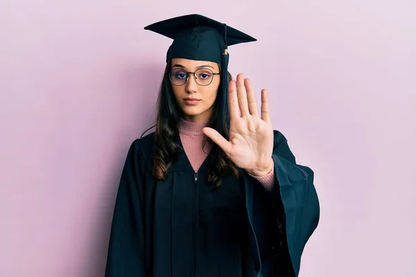 Young Hispanic Woman Wearing Graduation Cap Ceremony Robe Doing Stop — Stock Photo, Image