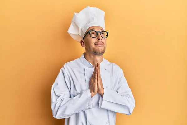 Bald Man Beard Wearing Professional Cook Uniform Begging Praying Hands — Stock Photo, Image