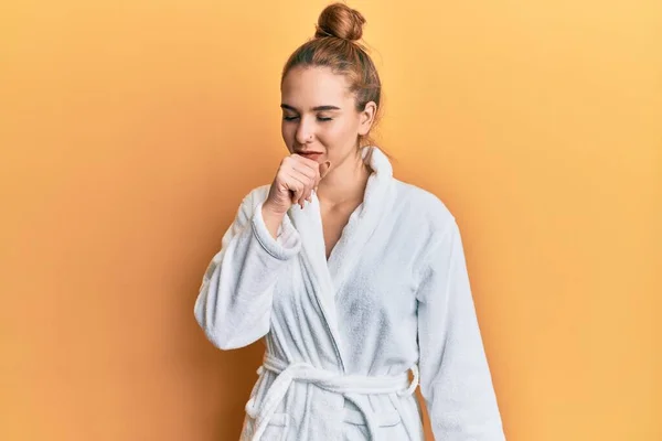 Young Blonde Woman Wearing Bathrobe Feeling Unwell Coughing Symptom Cold — Stock Photo, Image