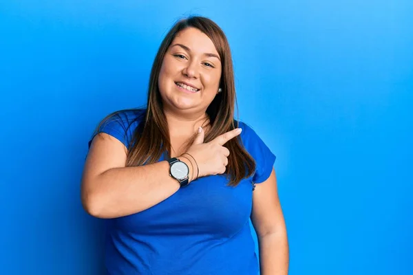 Beautiful Brunette Size Woman Wearing Casual Blue Shirt Cheerful Smile — Stock Photo, Image