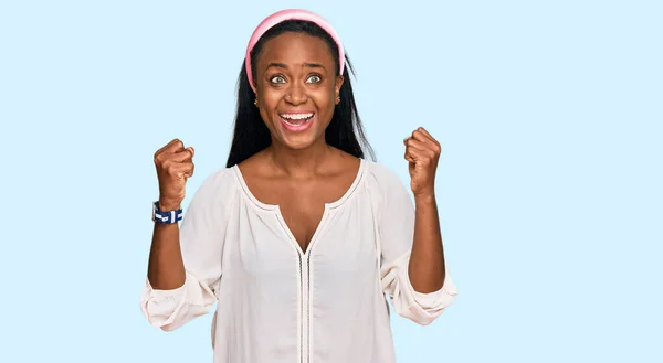 Young Black Woman Wearing Casual Clothes Celebrating Surprised Amazed Success — Stock Photo, Image