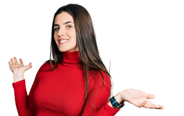 Joven Adolescente Morena Con Suéter Cuello Alto Rojo Expresión Despistada —  Fotos de Stock