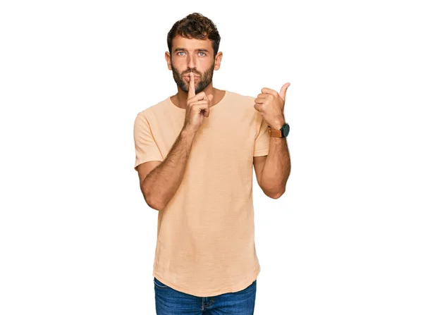 Handsome Young Man Beard Wearing Casual Tshirt Asking Quiet Finger — Stock Photo, Image