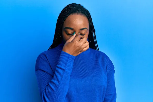 Young African American Woman Wearing Casual Winter Sweater Tired Rubbing — Stock Photo, Image