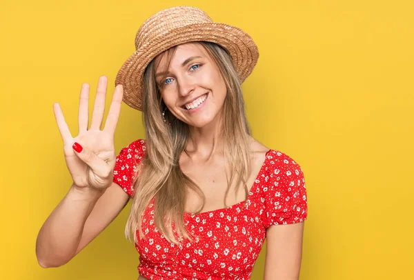 Vacker Kaukasiska Kvinna Bär Sommar Hatt Visar Och Pekar Upp — Stockfoto