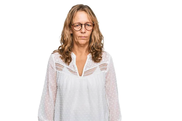 Middle Age Blonde Woman Wearing Casual White Shirt Glasses Skeptic — Stock Photo, Image