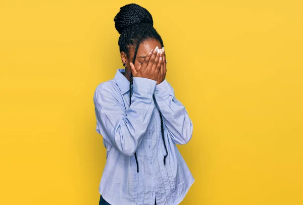 Young African American Woman Wearing Casual Clothes Sad Expression Covering — Stock Photo, Image