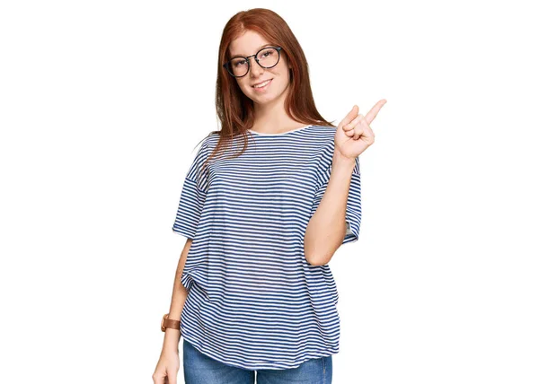 Young Read Head Woman Wearing Casual Clothes Glasses Big Smile — Stock Photo, Image