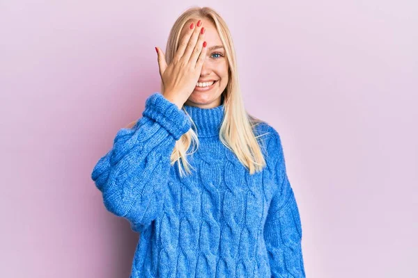 Young Blonde Girl Wearing Wool Winter Sweater Covering One Eye — Stock Photo, Image