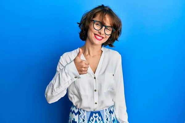 Young Brunette Woman Wearing Casual Clothes Glasses Doing Happy Thumbs — Stock Photo, Image