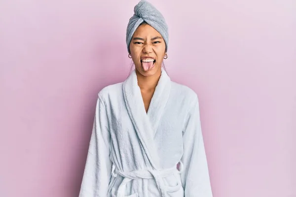 Young Chinese Woman Wearing Shower Towel Cap Bathrobe Sticking Tongue — Stock Photo, Image