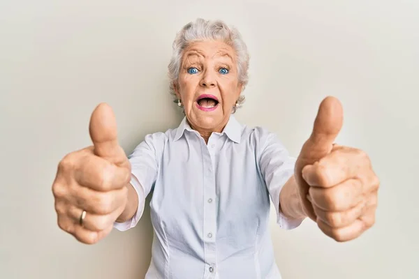 Senior Grijsharige Vrouw Doet Duimen Omhoog Positieve Gebaar Vieren Gek — Stockfoto