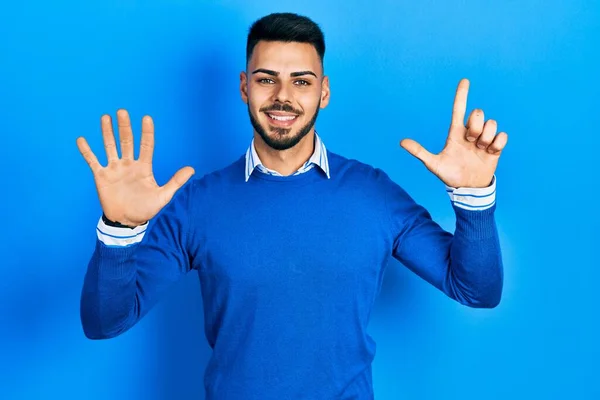 Young Hispanic Man Beard Wearing Casual Blue Sweater Showing Pointing — Stock Photo, Image