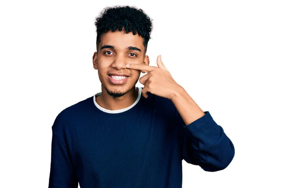 Young African American Man Wearing Casual Clothes Pointing Hand Finger — Stock Photo, Image