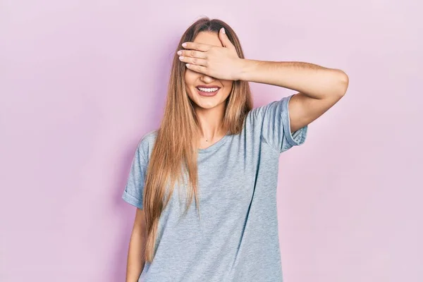 Young Blonde Girl Wearing Casual Shirt Smiling Laughing Hand Face — Stock Photo, Image