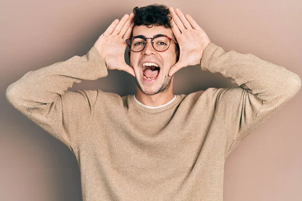 Young Hispanic Man Wearing Casual Clothes Glasses Smiling Cheerful Playing — Stock Photo, Image