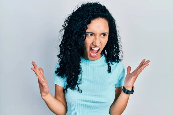Young Hispanic Woman Curly Hair Wearing Casual Blue Shirt Crazy — Stock Photo, Image