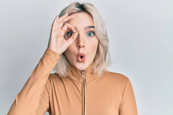 Young Blonde Girl Wearing Casual Clothes Doing Gesture Shocked Surprised — Stock Photo, Image