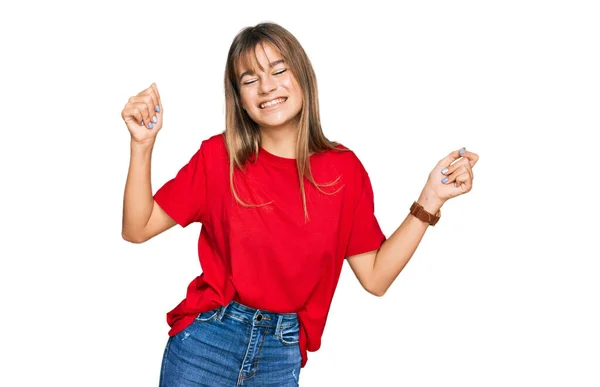 Adolescente Chica Caucásica Vistiendo Casual Camiseta Roja Bailando Feliz Alegre —  Fotos de Stock