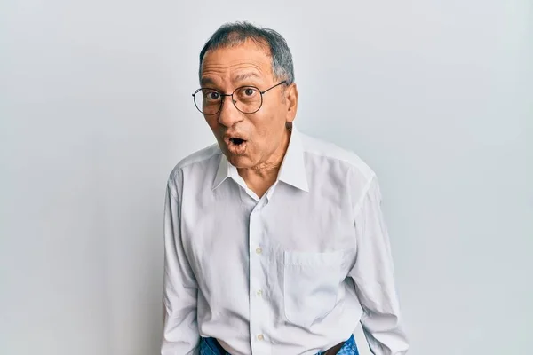 Middle Age Indian Man Wearing Casual Clothes Glasses Afraid Shocked — Stock Photo, Image