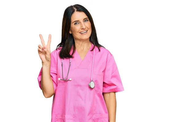 Middle Age Brunette Woman Wearing Doctor Uniform Stethoscope Smiling Happy — Stock Photo, Image