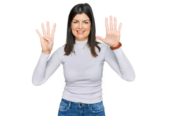 Beautiful Brunette Woman Wearing Casual Clothes Showing Pointing Fingers Number — Stock Photo, Image