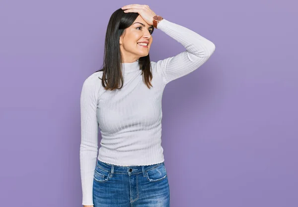 Beautiful Brunette Woman Wearing Casual Clothes Smiling Confident Touching Hair — Stock Photo, Image