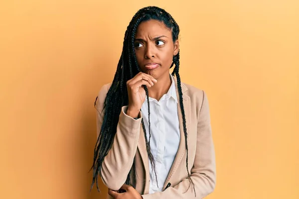 African American Woman Wearing Business Jacket Thinking Concentrated Doubt Finger — Stock Photo, Image