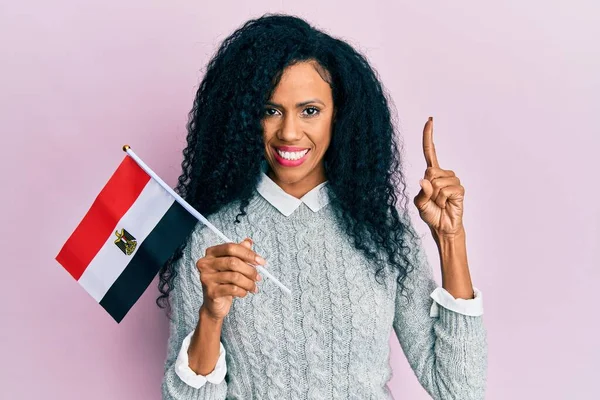 Mulher Afro Americana Meia Idade Segurando Bandeira Egito Sorrindo Com — Fotografia de Stock
