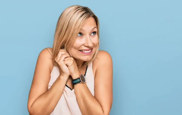 Middle Age Caucasian Woman Wearing Casual Clothes Laughing Nervous Excited — Stock Photo, Image