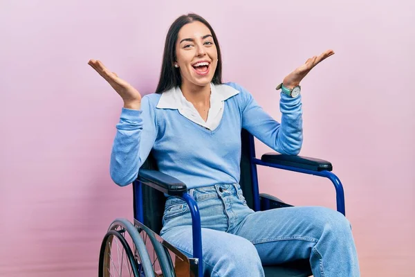 Beautiful Woman Blue Eyes Sitting Wheelchair Celebrating Crazy Amazed Success — Stock Photo, Image