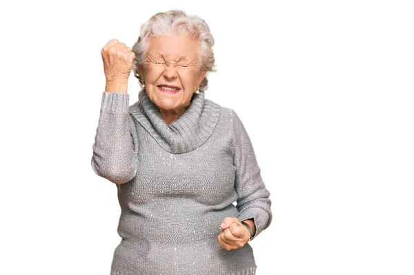 Senior Grey Haired Woman Wearing Casual Winter Sweater Celebrating Surprised — Stock Photo, Image