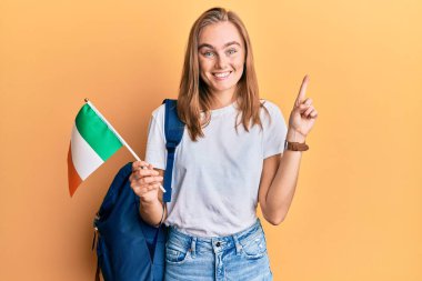 Güzel sarışın değişim öğrencisi. Elinde İrlanda bayrağı var. Bir fikir veya soruyla gülümsüyor. 