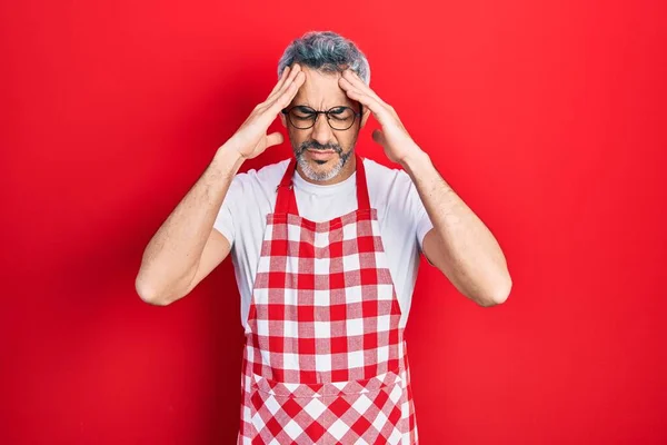 Handsome Middle Age Man Grey Hair Wearing Apron Suffering Headache — Stock Photo, Image