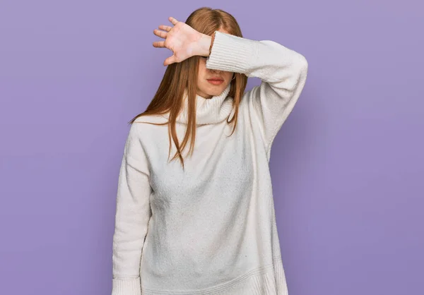 Young Irish Woman Wearing Casual Winter Sweater Covering Eyes Arm — Stock Photo, Image