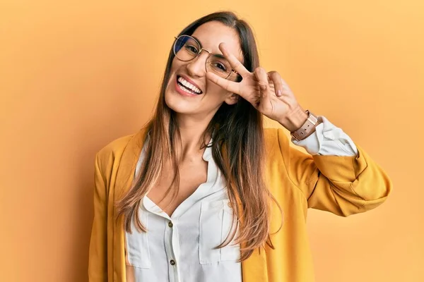 Young Beautiful Woman Wearing Business Style Glasses Doing Peace Symbol — Stock Photo, Image