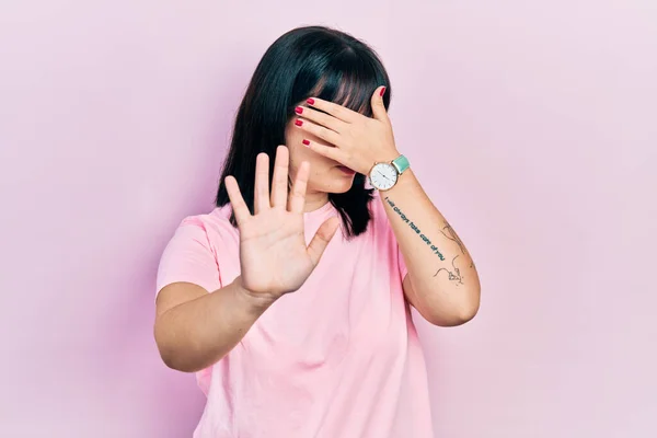 Young Hispanic Woman Wearing Casual Clothes Covering Eyes Hands Doing — Stock Photo, Image