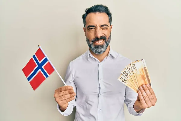 Middle age man with beard and grey hair holding norway flag and krone banknotes winking looking at the camera with sexy expression, cheerful and happy face.