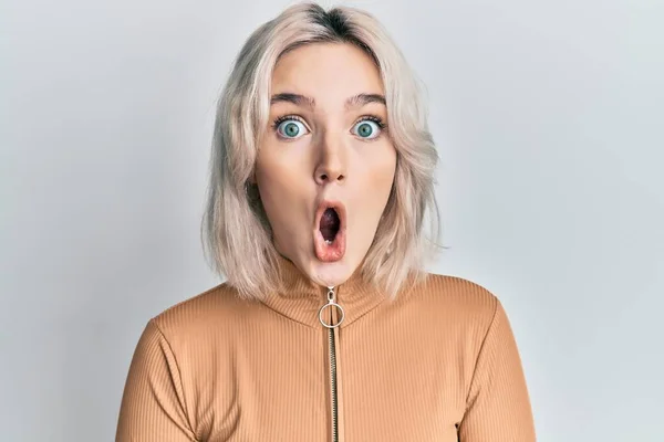 Young Blonde Girl Wearing Casual Clothes Afraid Shocked Surprise Expression — Stock Photo, Image