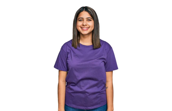 Young Hispanic Girl Wearing Casual Purple Shirt Happy Cool Smile — Stock Photo, Image