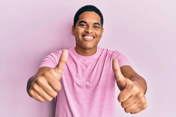 Young Handsome Hispanic Man Wearing Casual Pink Shirt Approving Doing — Stock Photo, Image